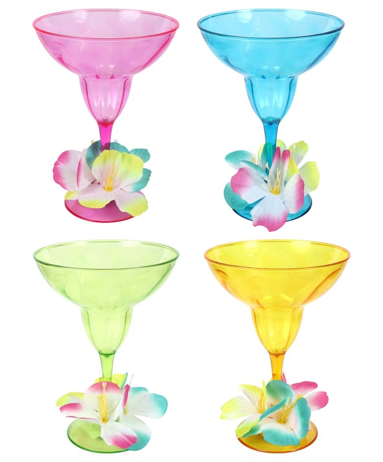 Plastic Luau Margarita Glasses with Hibiscus Flowers, 15.9 oz.