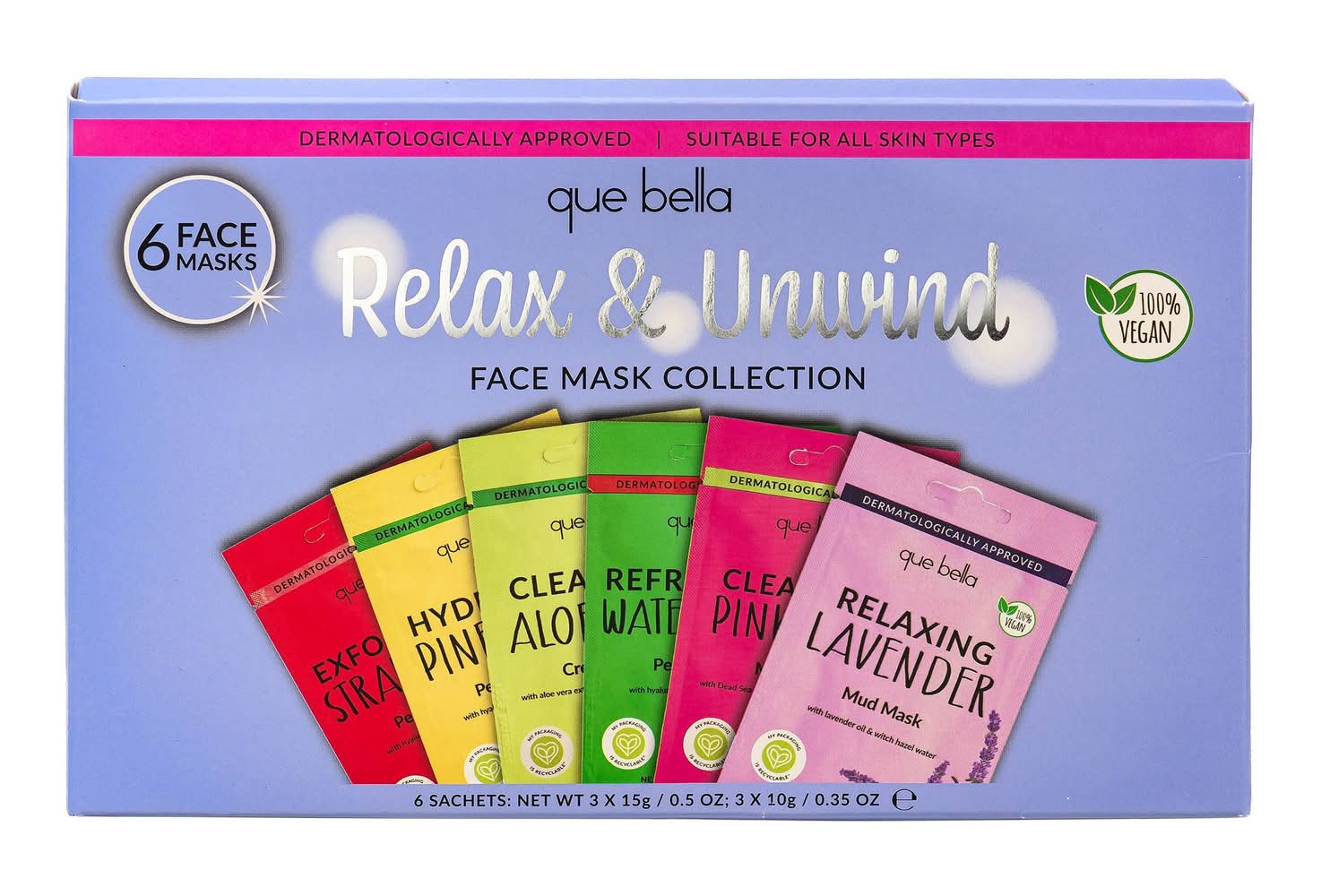 Que Bella Beauty Relax & Unwind Face Mask Collection, Assorted (2.55 oz, 6 ct)