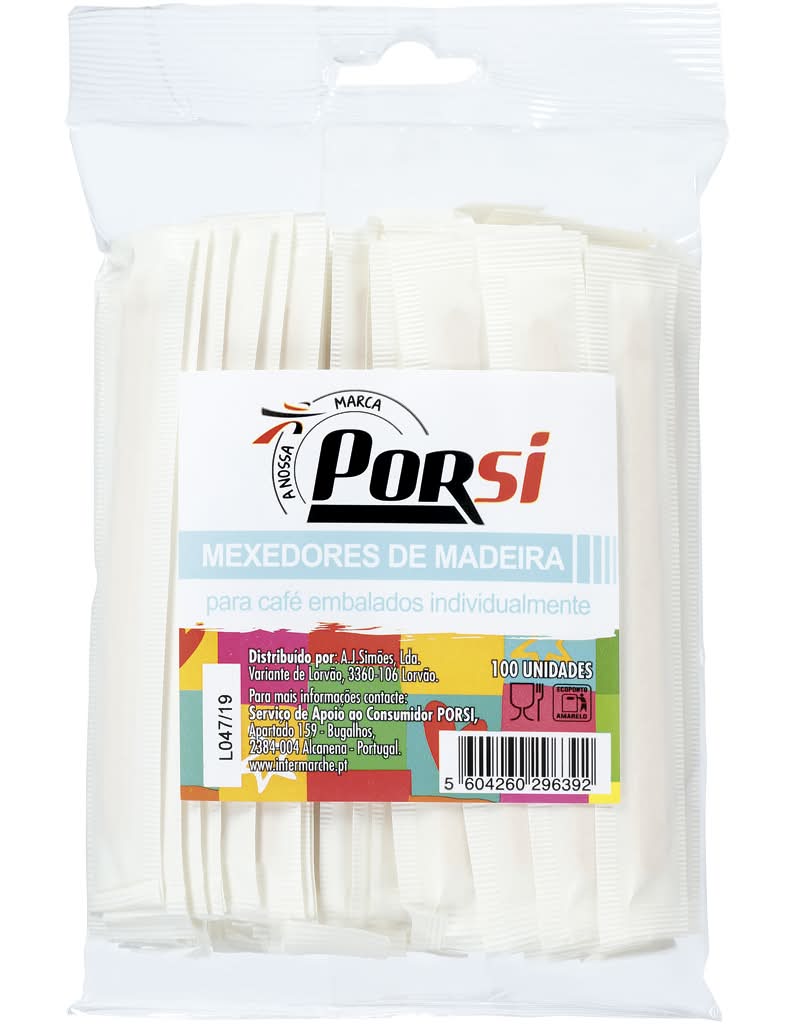 PorSi - Mexedores para café de madeira, 100 unidades embaladas individualmente