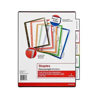 Staples Better Print & Apply Label Plastic Dividers, 5-Tab, Assorted Colors, Set (23279-CC)