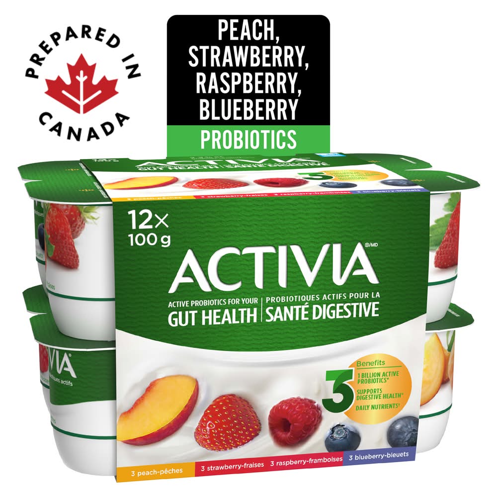 Activia Probiotic Yogurt, Peach-Strawberry-Raspberry-Blueberry (12 x 100 g)
