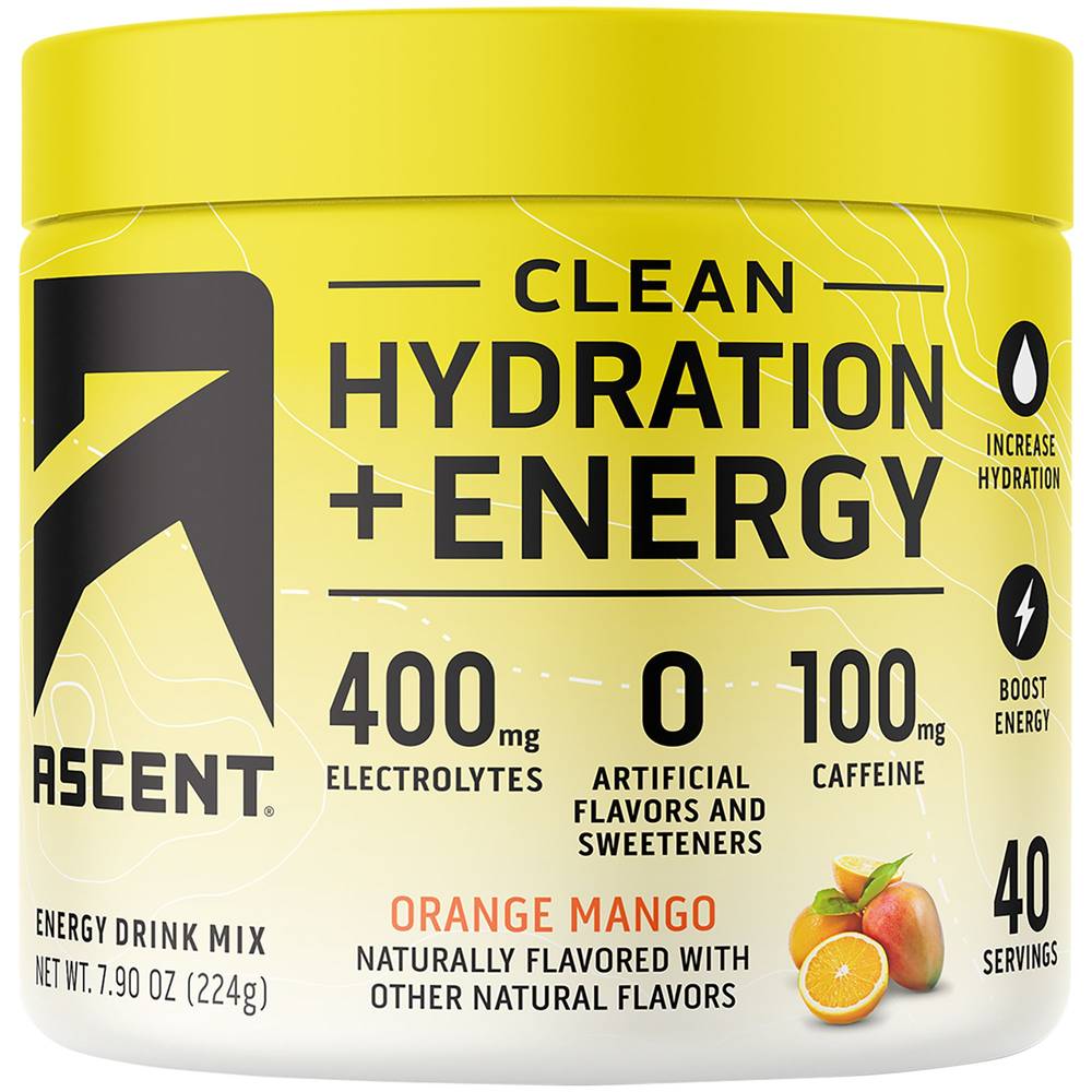 Ascent Clean Hydration + Energy With 400mg Electrolytes Drink Mix (7.9 oz) (orange-mango)