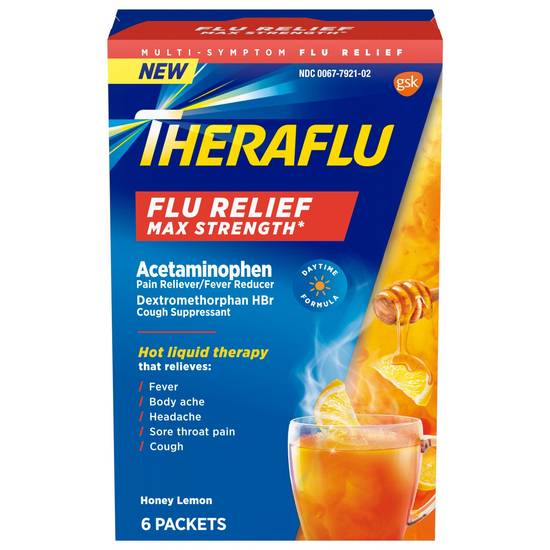 Theraflu Max Strength Flu Relief, Hot Liquid Powder Packets, Honey Lemon Flavor, 6 CT