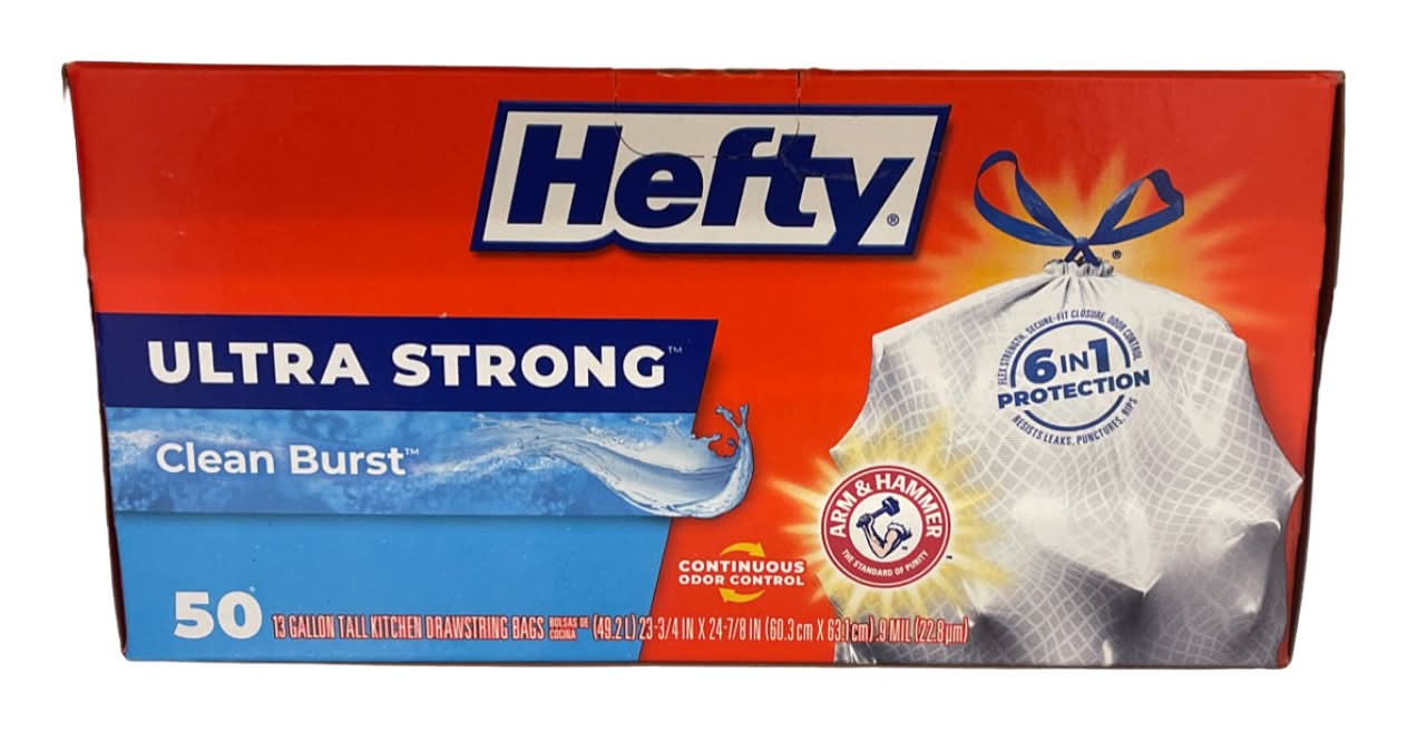 Hefty Ultra Strong Clean Burst Tall Kitchen Drawstring Trash Bags, 60.3x63.1 cm (50 ct)