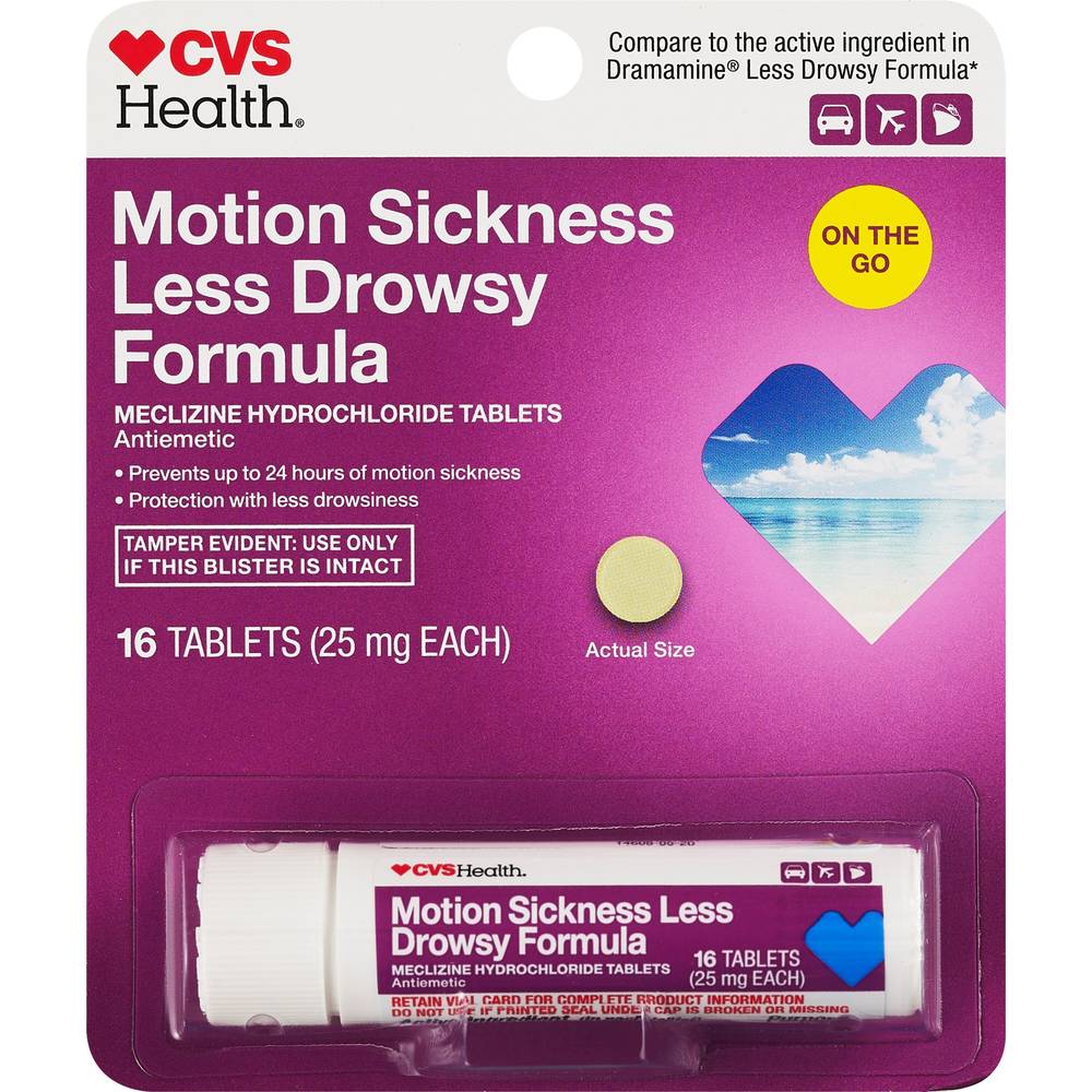 CVS Health Motion Sickness Less Drowsy Meclizine Hydrochloride 25mg Tablets (16 ct)