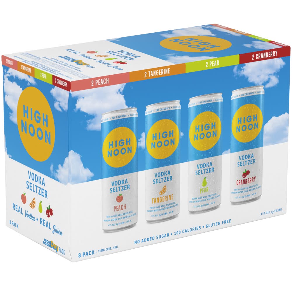 High Noon Gluten Free Vodka Hard Seltzer Variety pack, Peach-Tangerine-Pear-Cranberry (8 x 355 ml)