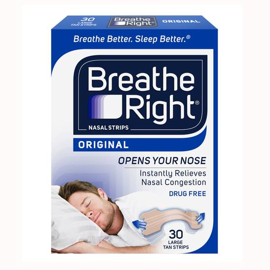 Breathe Right Nasal Strips to Stop Snoring, Drug-Free, Original Tan Large, 30 CT