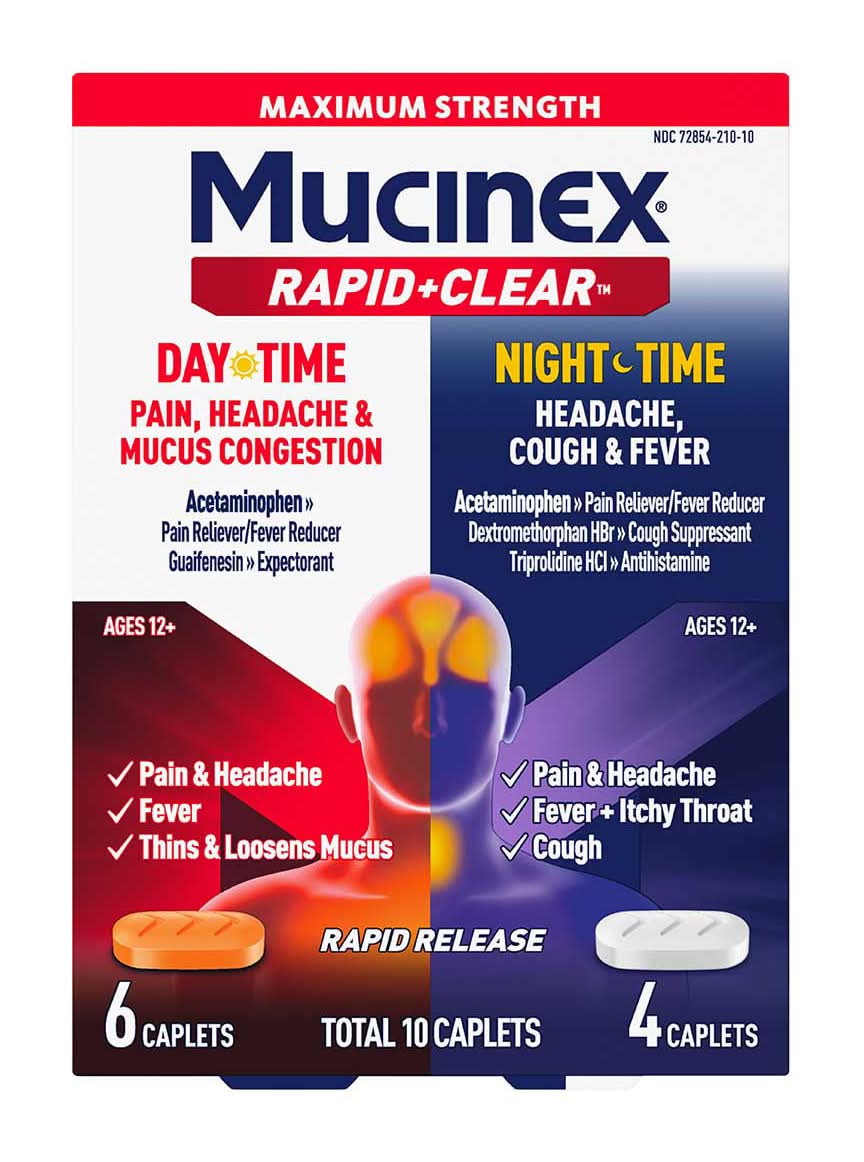Mucinex Rapid+Clear Day & Night Cold & Flu Relief Caplets 12+ Y (10 ct)
