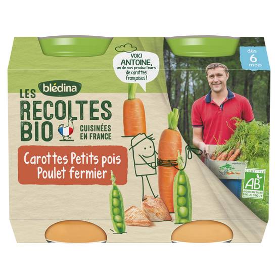 Blédina - Bébé carottes petits pois poulet fermier dès 6 mois bio (2 pièces)