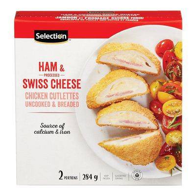 Selection escalopettes de poulet panées au jambon et fromage suisse surgelées (2 portions, 284 g) - frozen ham and swiss cheese chicken cutlettes (2 units)