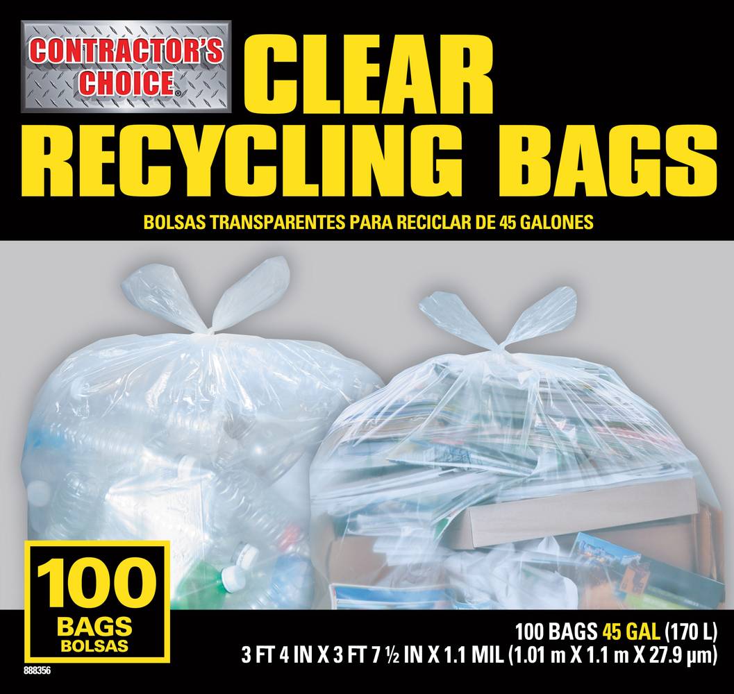 Contractor's Choice 45-Gallon Clear Outdoor Plastic Recycling Flap Tie Trash Bag | LW45WC100C