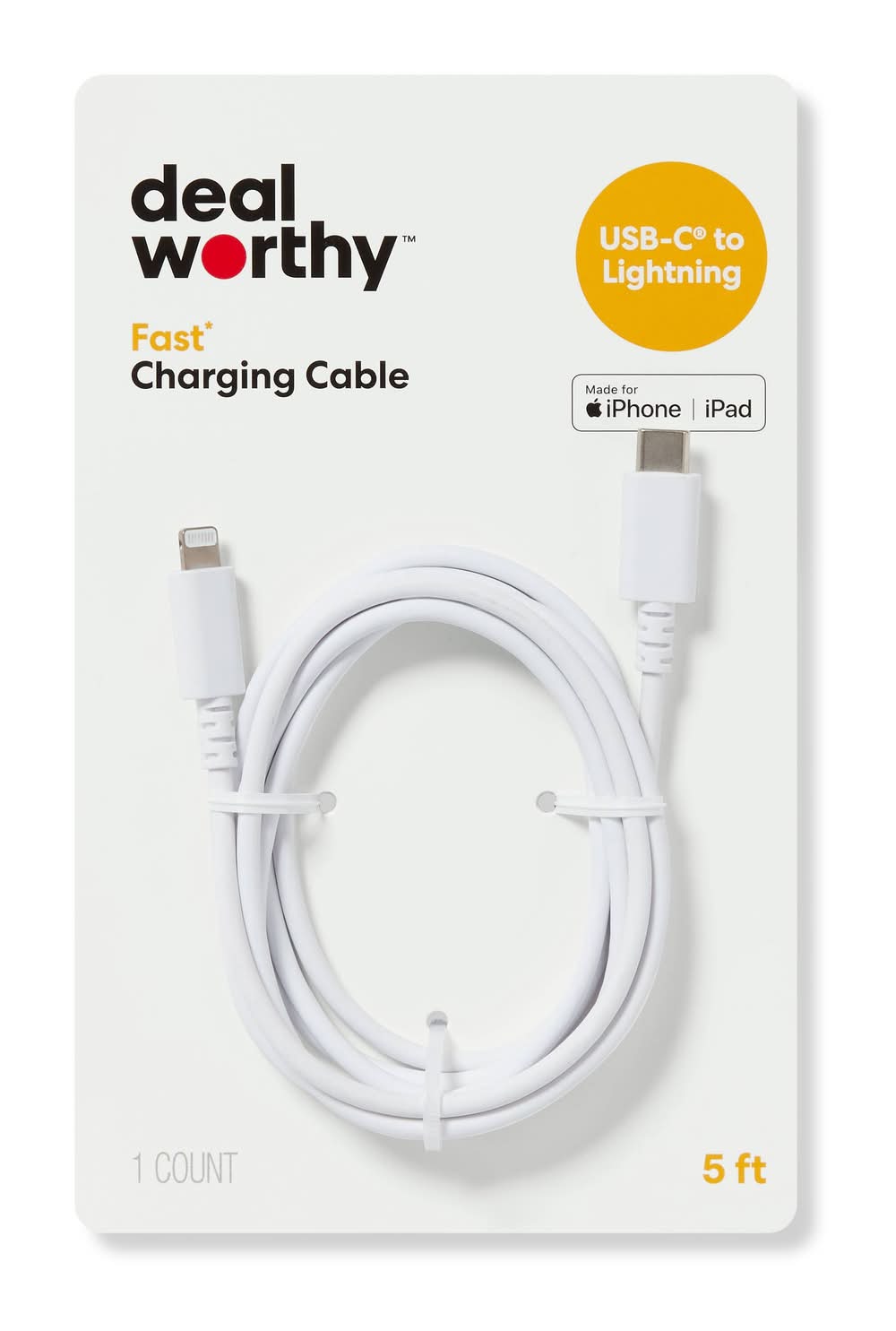 Dealworthy Usb-C To Lightning Iphone & Ipad Fast Charging Cable, 5 ft, White