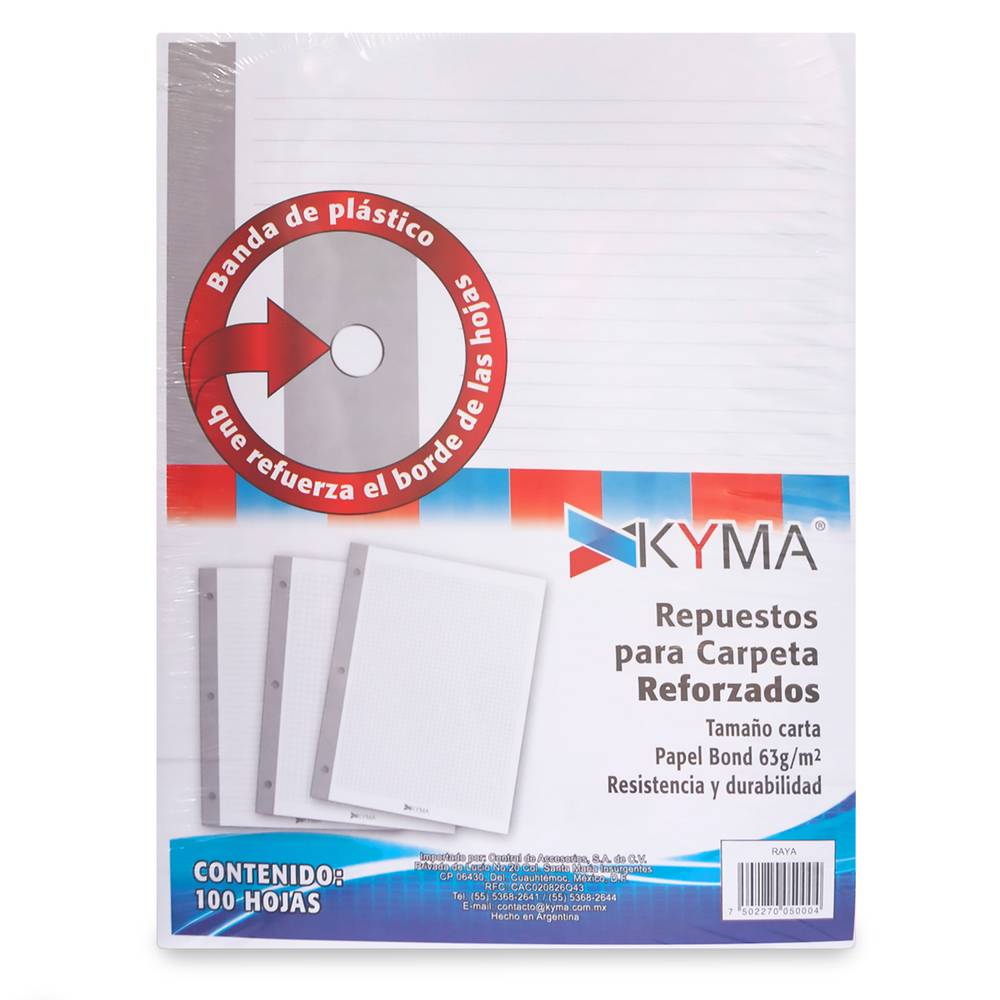 Kyma hojas de repuesto rayadas tamaño carta (pack 100 piezas)
