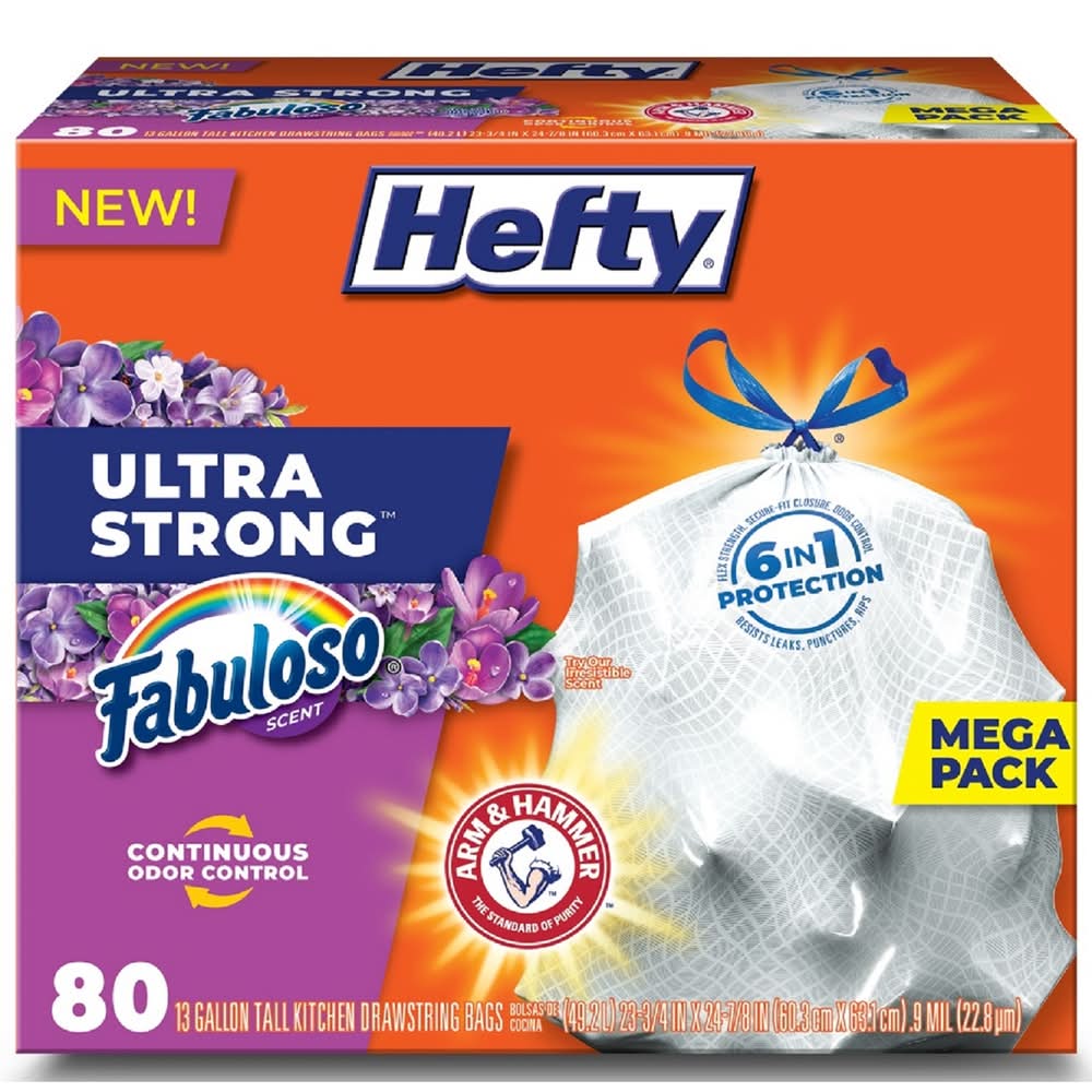 Hefty Ultra Strong 13 Gal Fabuloso Tall Kitchen Bags Drawstring 80 Pk