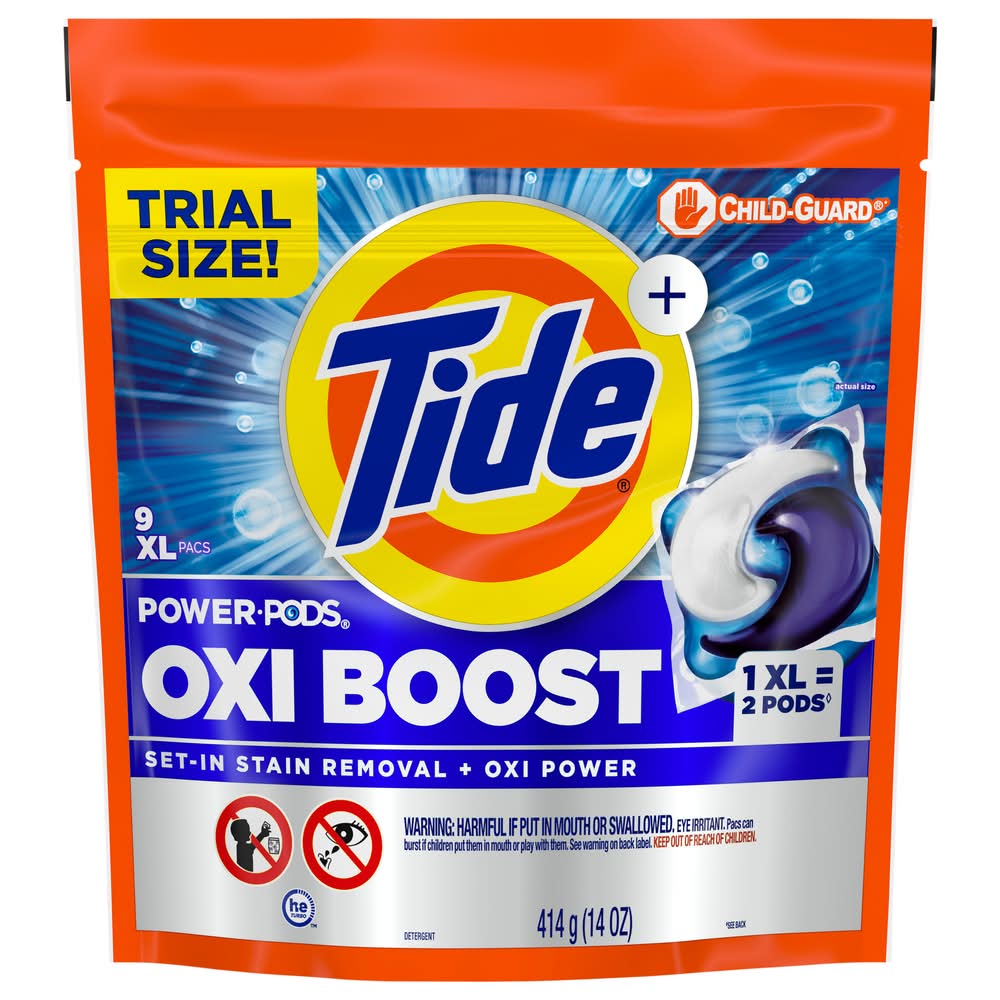 Tide Oxi Boost Power Laundry Detergent Pods With Stain Remover Plus Oxi Power, XL (14 oz, 9 ct)