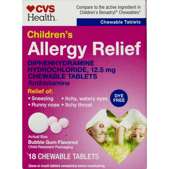 CVS Health Children's Allergy Relief Dye Free Diphenhydramine HCl Chewable Tablets, Bubblegum, 18 CT