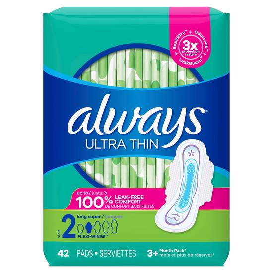 Always Ultra Thin Pads Size 2 Super Long Absorbency Unscented with Wings, 42 Count