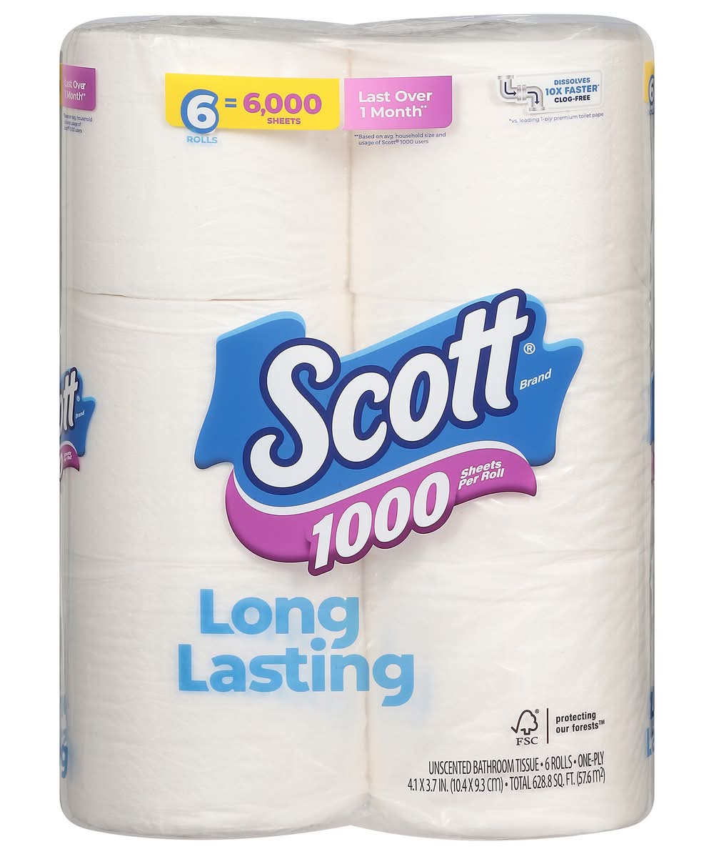 Scott 1000 Long Lasting One Ply Toilet Paper Rolls, 4.1x3.7 in (6 ct)
