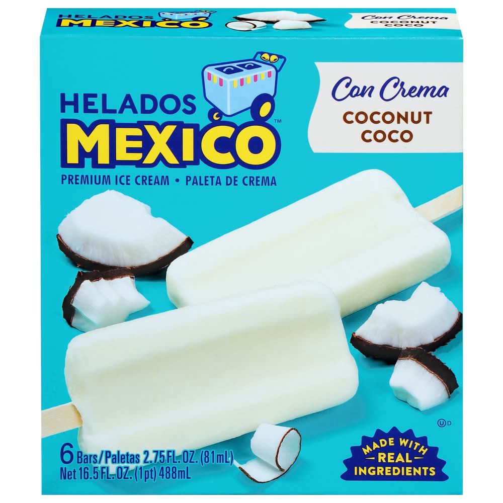 Helados Mexico Premium Ice Cream Bars, Coconut Coco (6 x 2.75 fl oz)