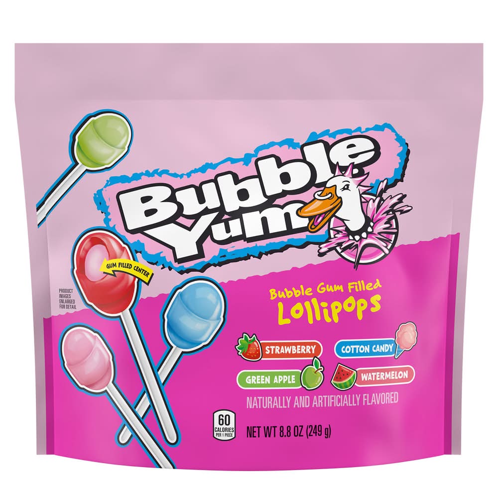 BUBBLE YUM Bubble Gum Filled Lollipops, Strawberry-Cotton Candy-Green Apple-Watermelon (8.8 oz)