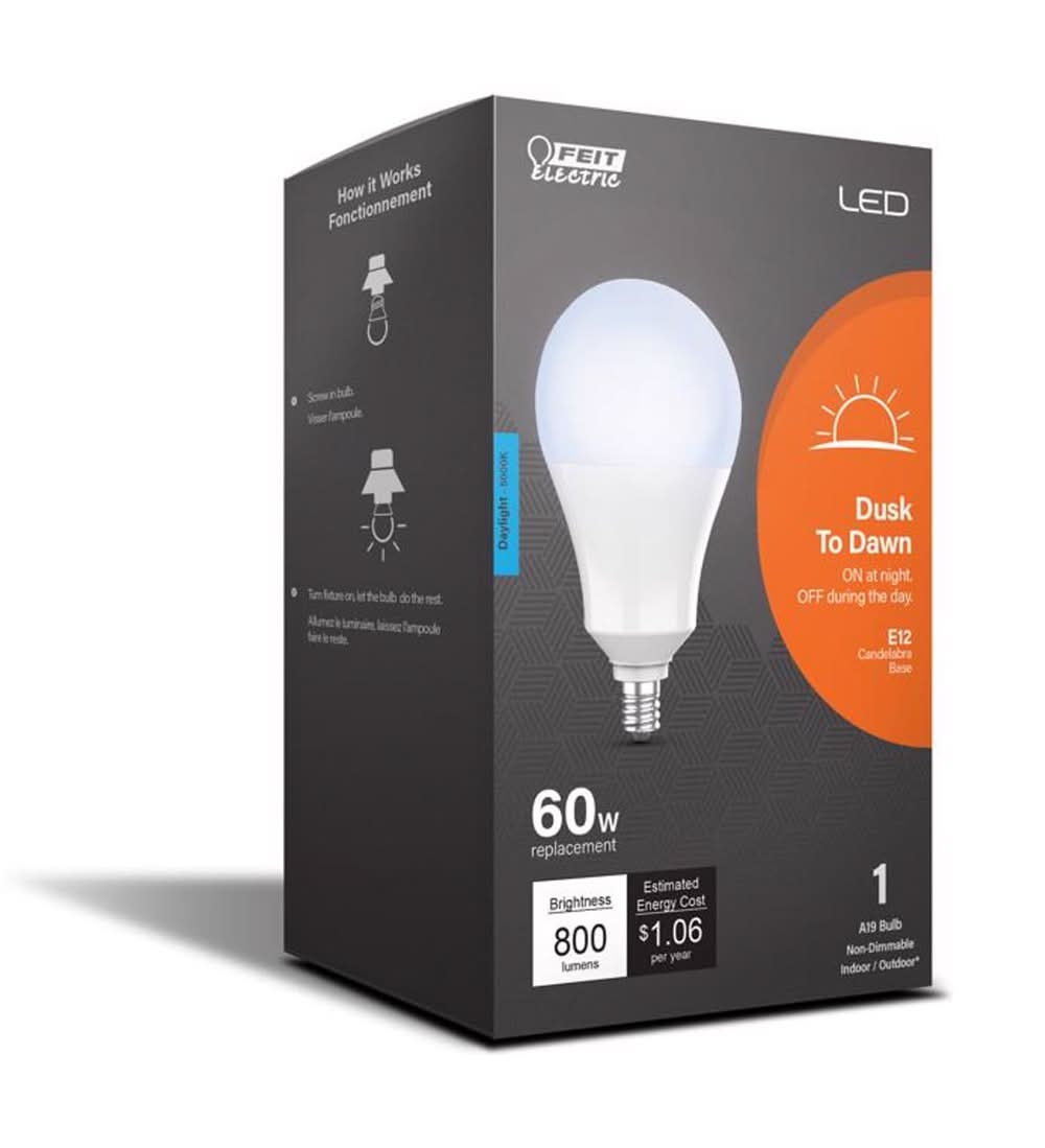 Feit Electric A19 E12 (Candelabra) Led Dusk To Dawn Bulb Daylight 60 Watt Equivalence 1 Pk