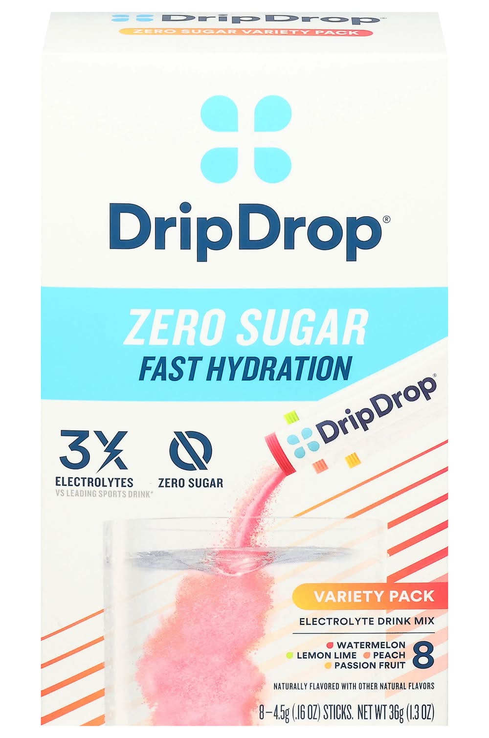 DripDrop Zero Sugar Fast Hydration Electrolyte Drink Mix Variety pack, Watermelon - Lemon Lime - Peach - Passion Fruit (8 x 0.16 oz)