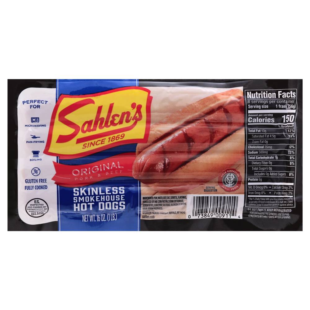 Sahlen's Smokehouse Skinless Original Pork & Beef Hot Dogs (16 oz)