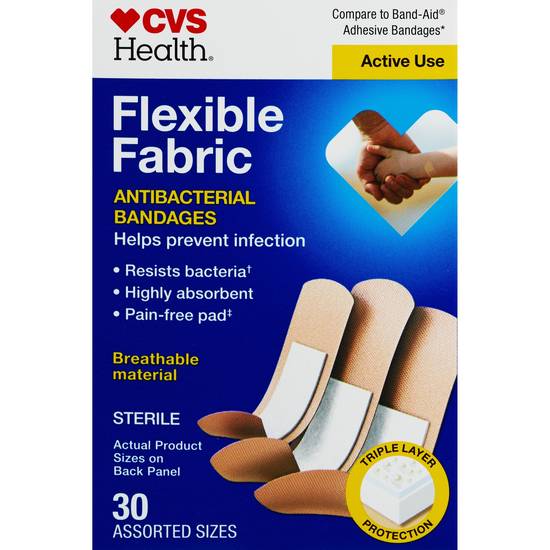 CVS Health Flexible Fabric Anti-Bacterial Bandages, Assorted Sizes, 30 CT