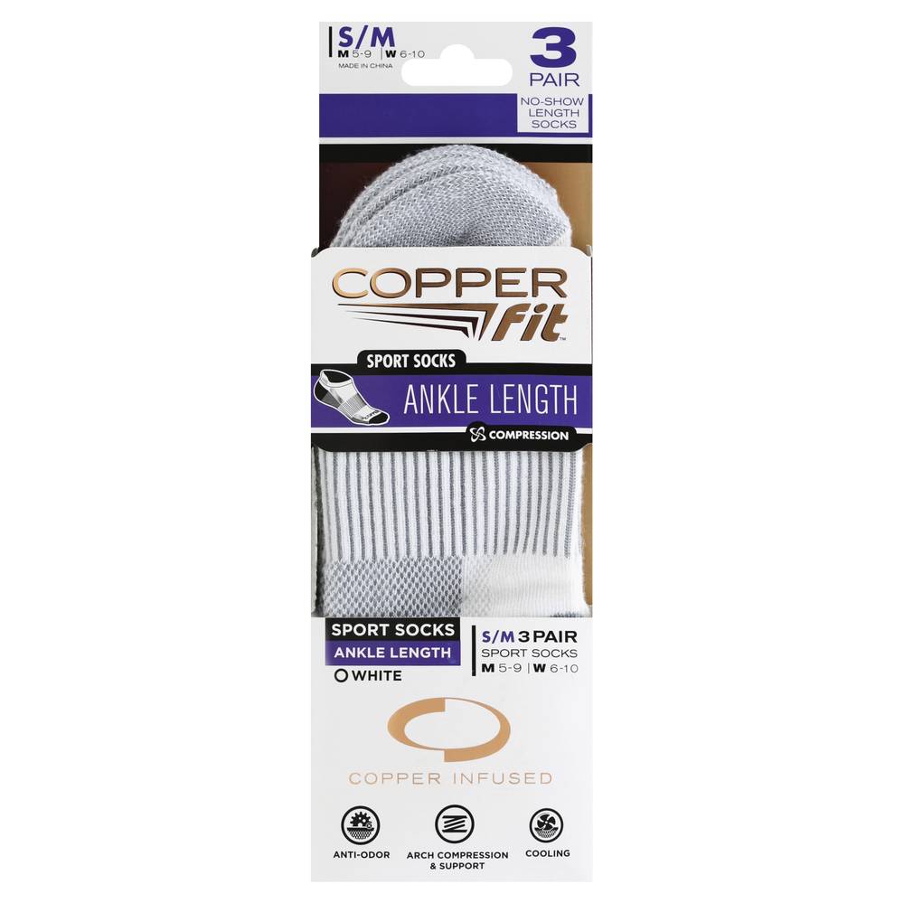 Copper Fit Ankle Length S/M White Sports Socks (3 ct)