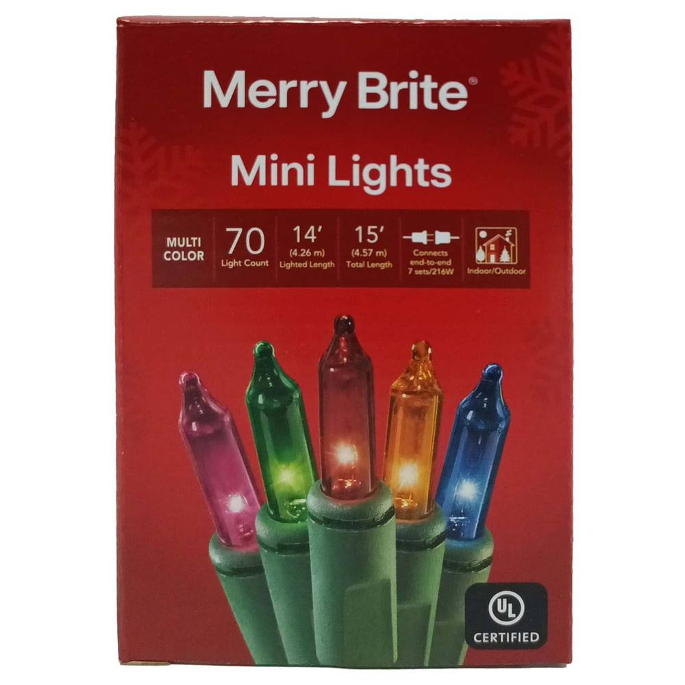 Merry Brite 70 Mini Lights, Multicolor Bulbs & Green Wire