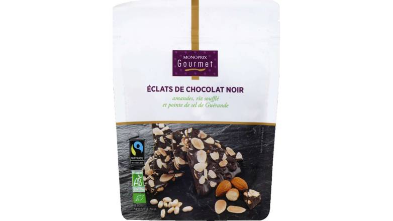 Monoprix Gourmet Eclats chocolat noir amandes, riz soufflé & pointe sel de Guérande Le sachet de 120g