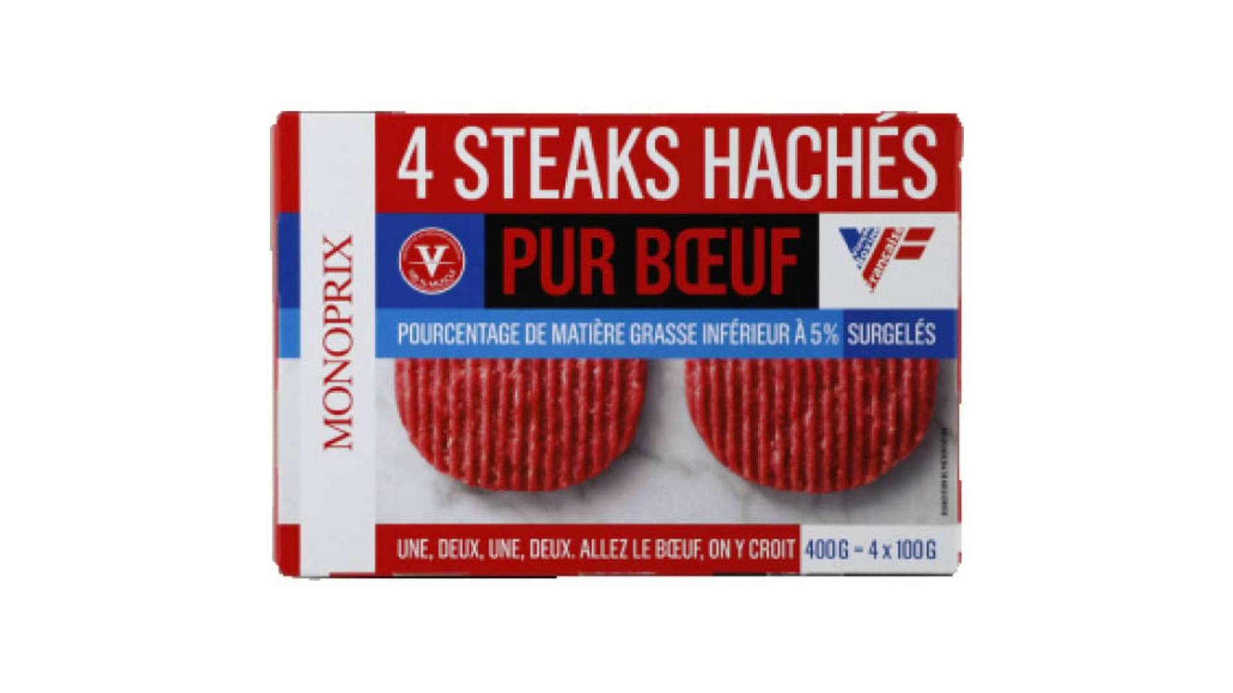 Monoprix Steaks hachés pur boeuf 5% MG, surgelés. La barquette de 4, 400g