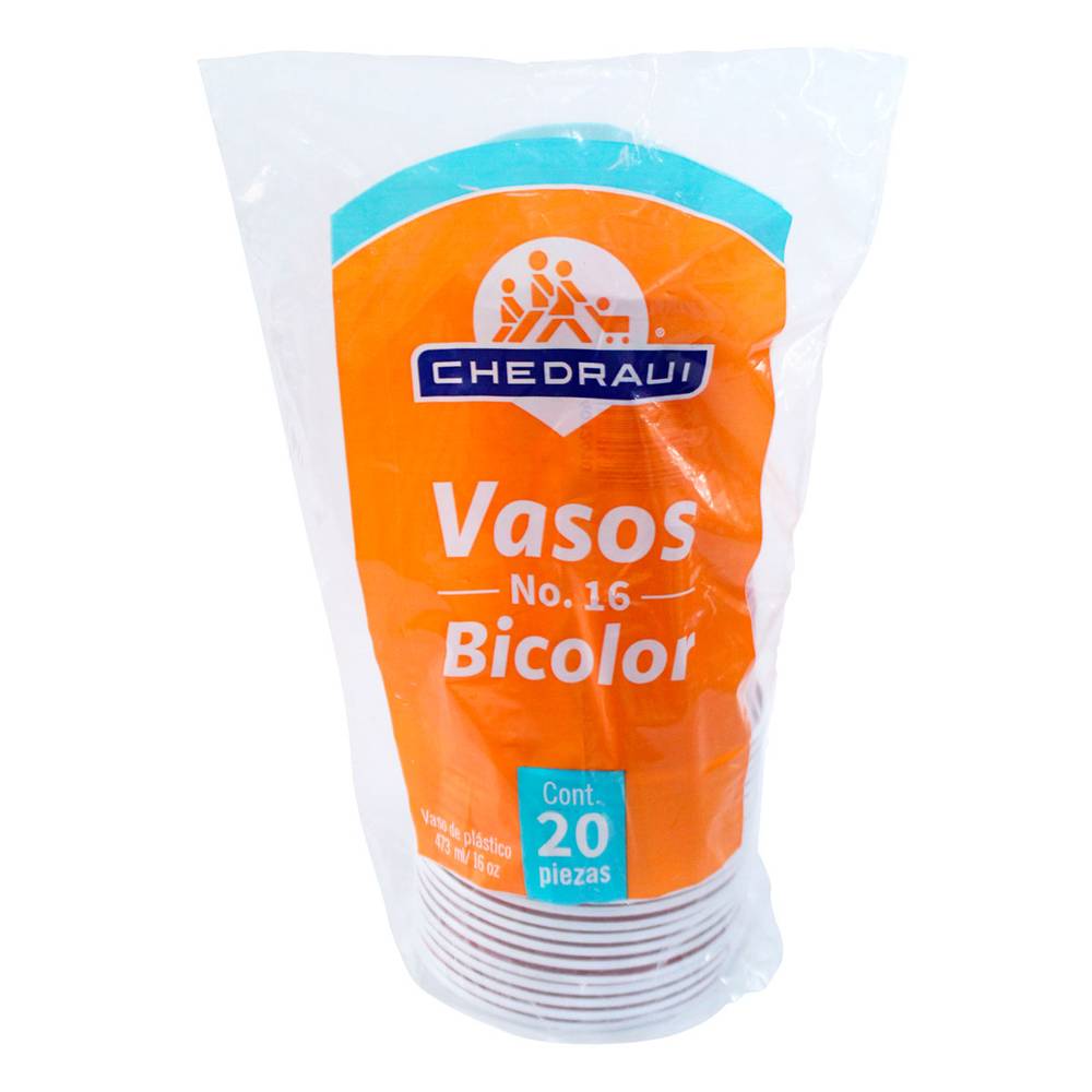 Chedraui vasos plásticos bicolor 16oz (20 pz)