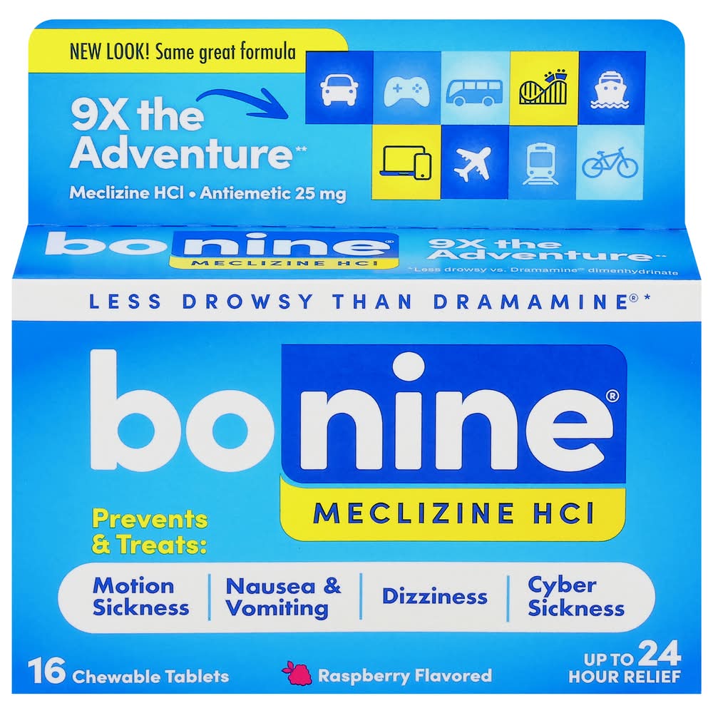Bonine Meclizine Hydrochloride Motion Sickness, Raspberry (0.5 oz, 16 ct)