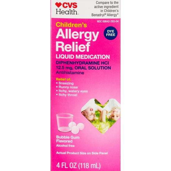 CVS Health Children's Allergy Relief Liquid Dye Free Diphenhydramine HCl Oral Antihistamine, Bubblegum, 4 OZ