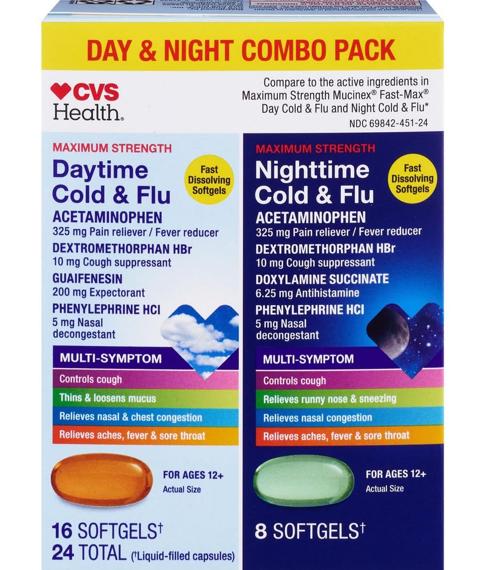 Cvs Day + Nighttime Maximum Strength Cold & Flu Relief Softgel Combo Pack, 24 Ct