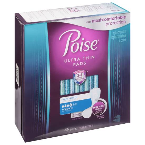 Poise Ultra Thin Long Length Moderate Absorberncy Pads (48 pads)