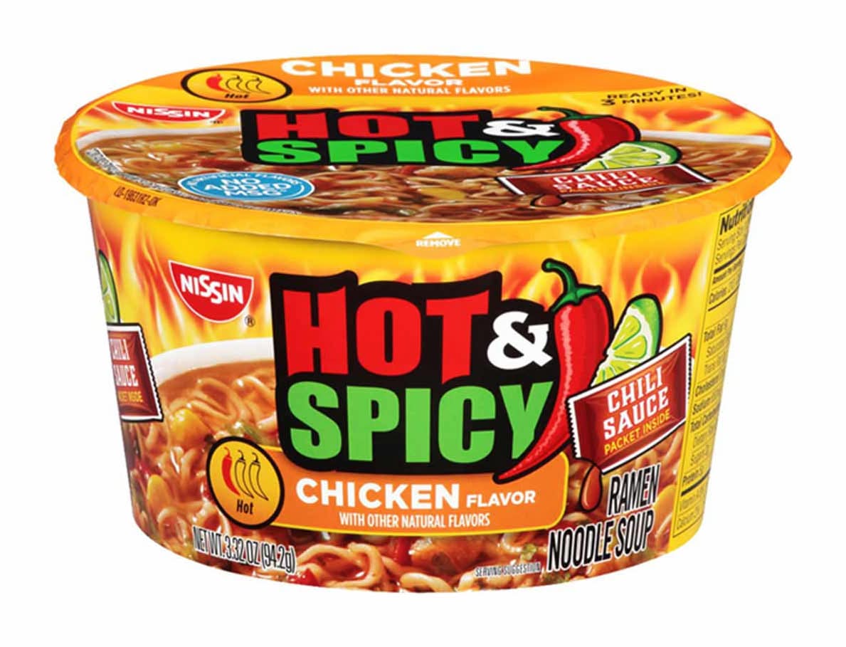 Nissin Hot & Spicy Ramen Noodle Soup Chicken Flavor 3.32 Oz