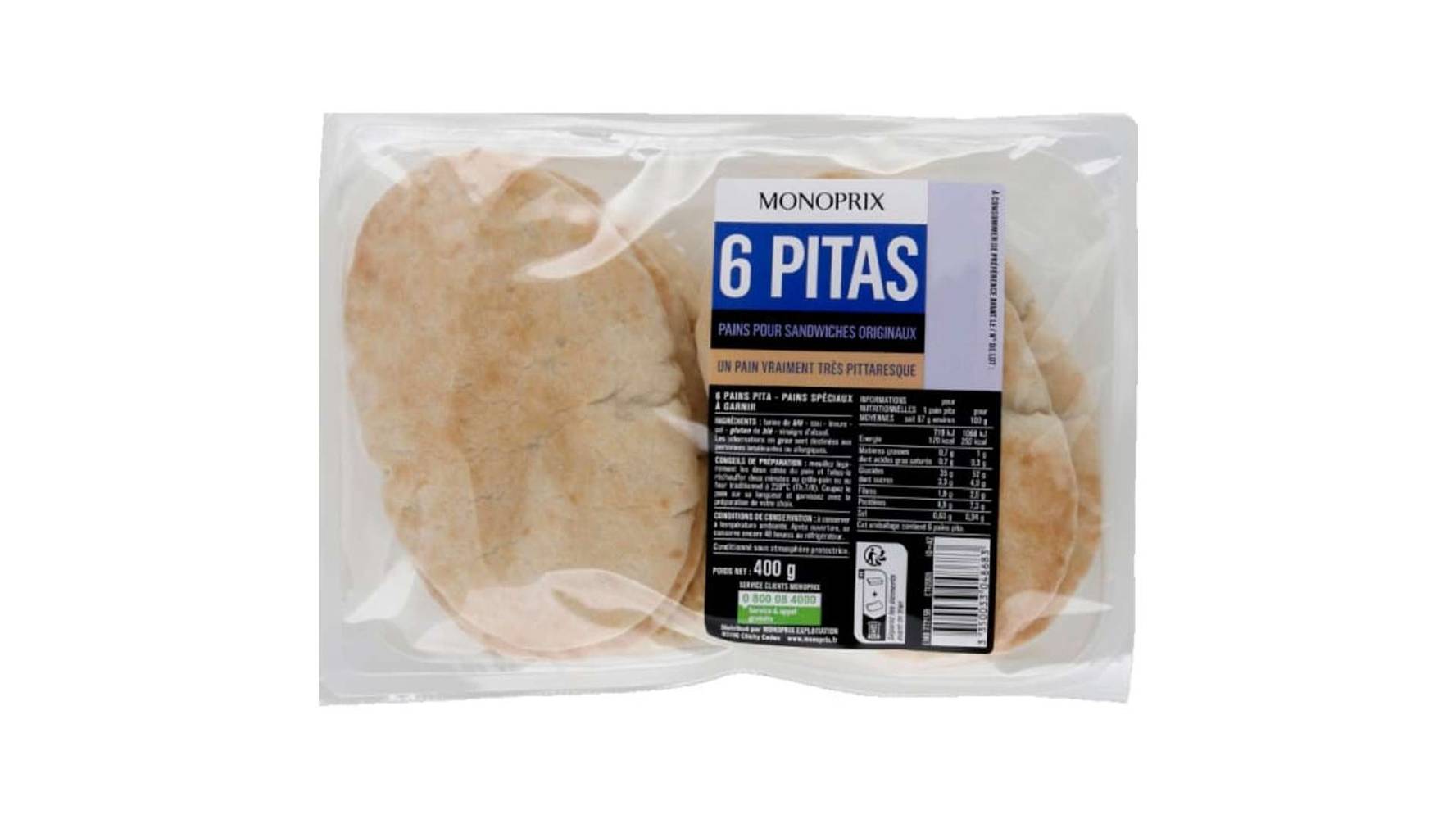 Monoprix Pitas pain pour sandwiches originaux Le paquet de 6 - 400 g