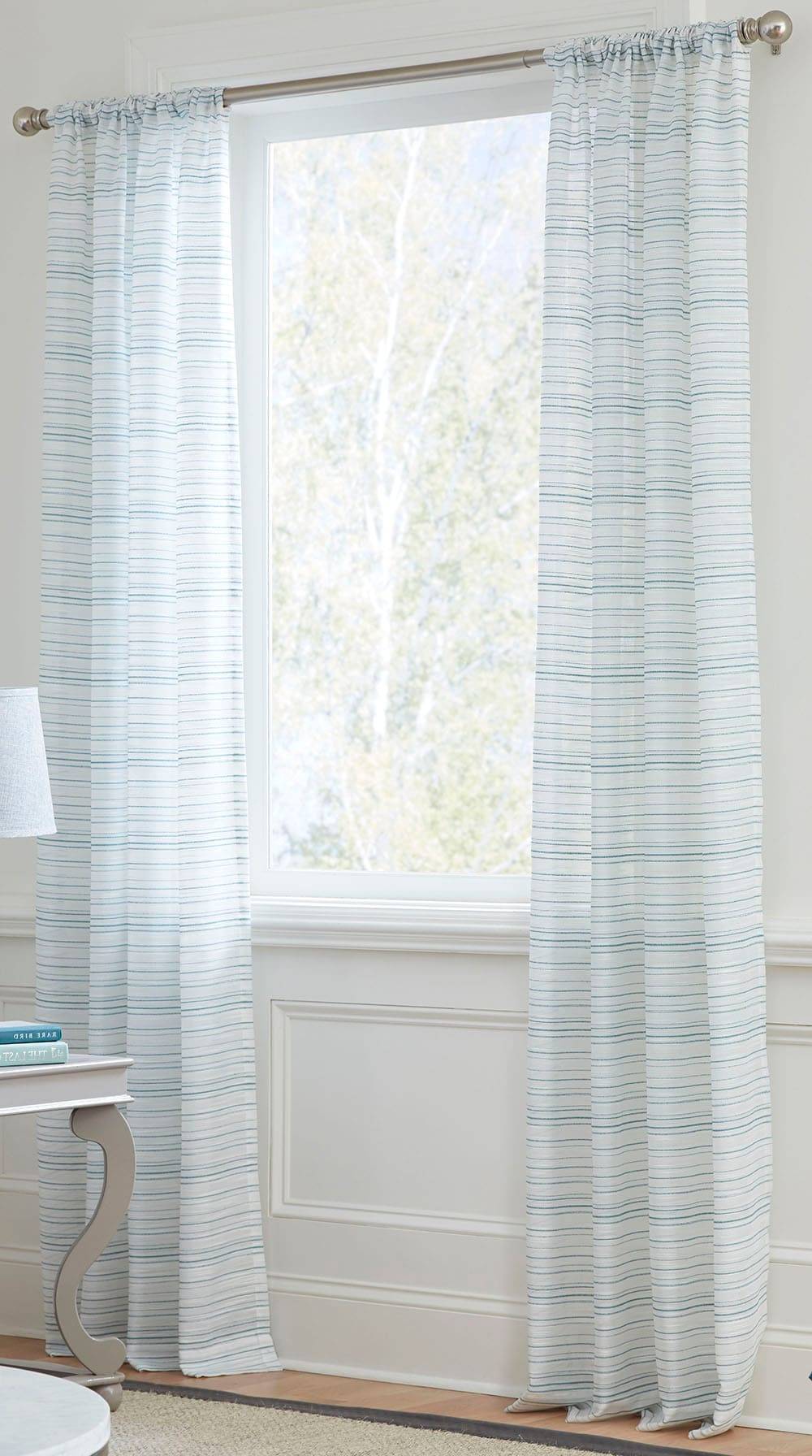 allen + roth 84-in Teal Striped Light Filtering Rod Pocket Single Curtain Panel | X846.03984ZBG