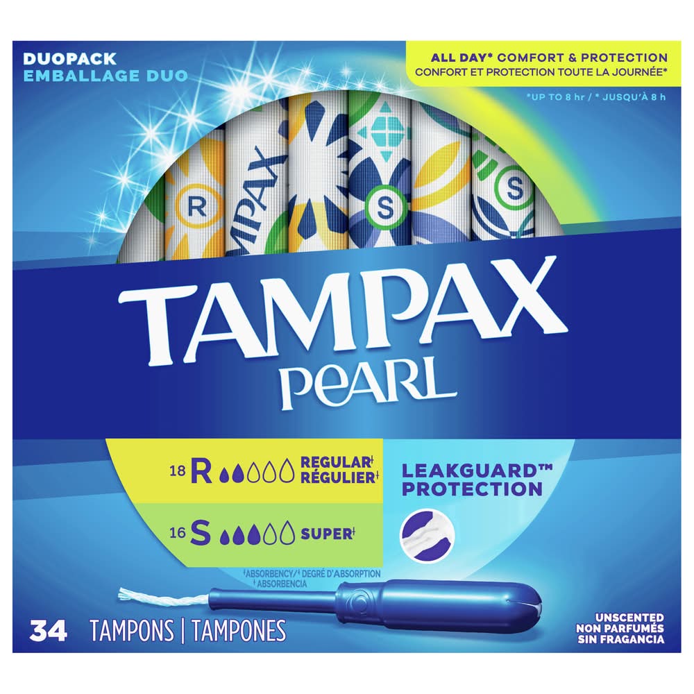 Tampax Pearl Duo Leak Guard Unscented Regular & Super Tampons, Women (34 ct)
