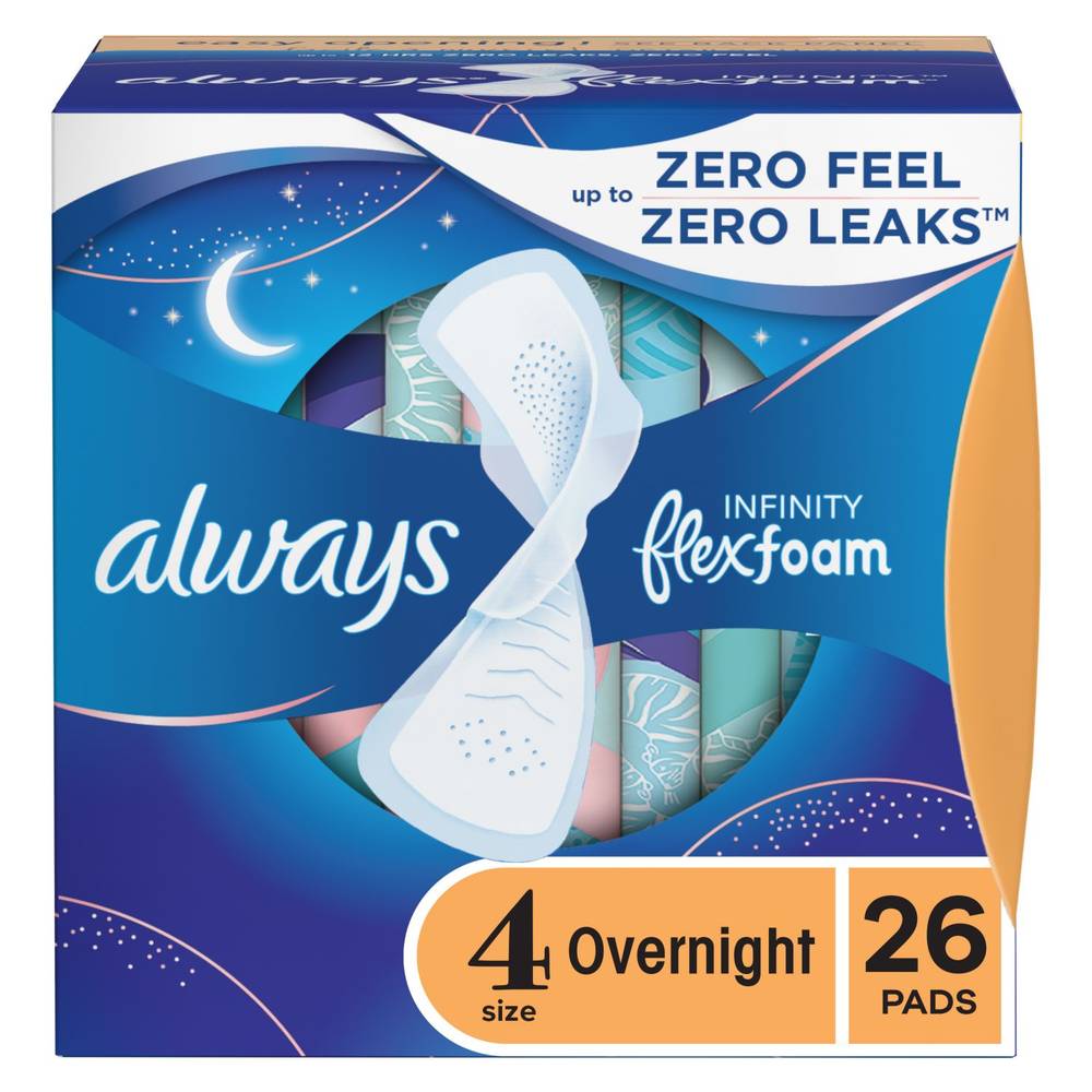 Always Infinity Flexfoam Pads For Women, Size 4, Overnight Absorbency, Unscented, 26 Count