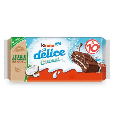 Gâteaux enrobés au cacao et fourrés noix de coco KINDER DELICE - le paquet de 10 - 370g
