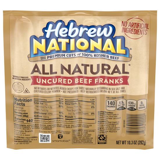 Hebrew National All Natural Uncured Beef Franks Hot Dogs (beef)