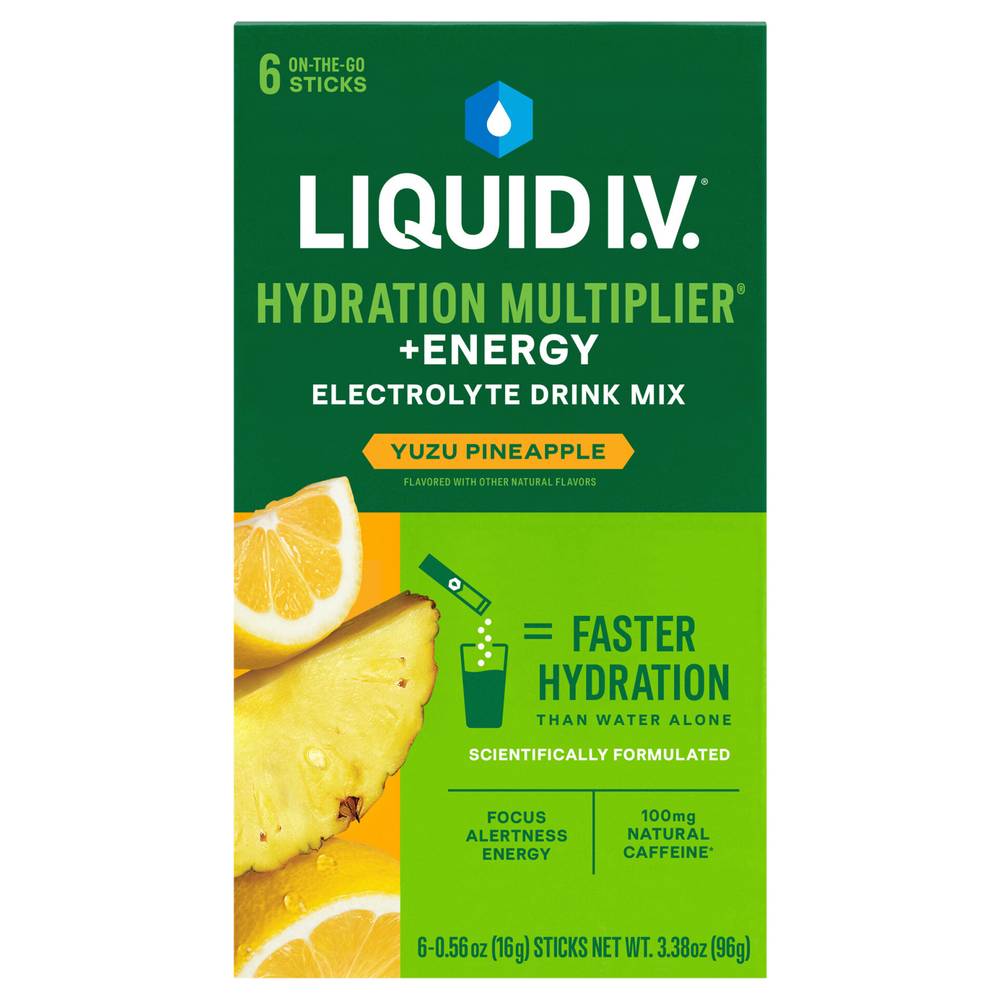 Liquid I.V. Energy Multiplier Powder Drink Sticks With Natural Caffeine Yuzu Pineapple (3.38 oz, 6 ct)