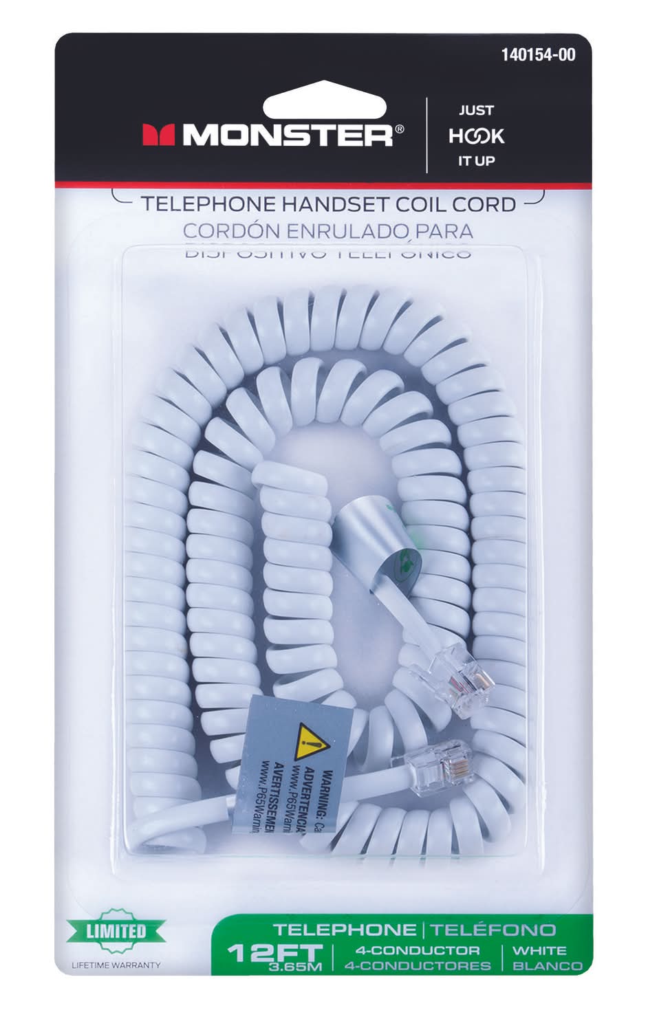 Monster Just Hook It Up 12 Ft. L White Telephone Handset Coil Cord