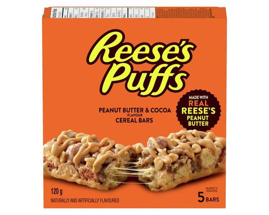 Reese's Puffs · Les pousses de Reese traitent des barres de céréales au beurre de cacahuète et à la saveur de cacao - Peanut butter & cocoa flavour cereal bars (120 g)