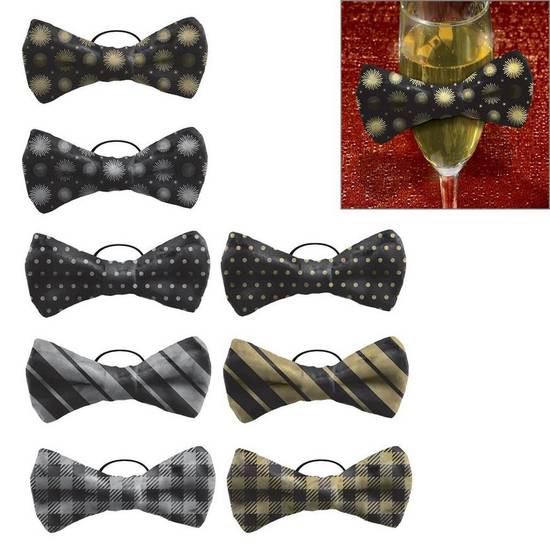 Gold Silver Bow Tie Champagne Fabric Drink Markers, 3.5in x 1.5in, 8ct