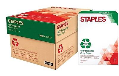 Staples Recycled Copy Paper, 8.5 x 11, 20 lbs., White, 500 Sheets/Ream, 10 Reams/Carton (620014)