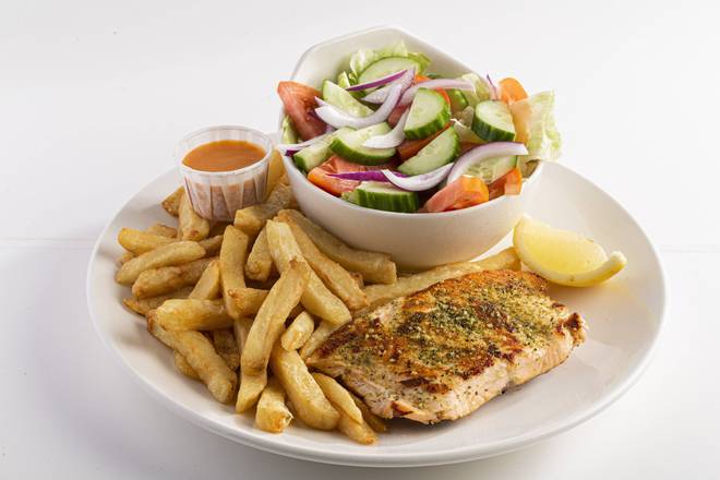 Grilled Salmon with Chips & Garden Salad